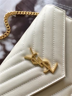 Y.S.L CASSANDRA ENVELOPE CHAIN WALLET IN GRAIN DEPOUDRE LEATHER White Color Gold Tone Metal