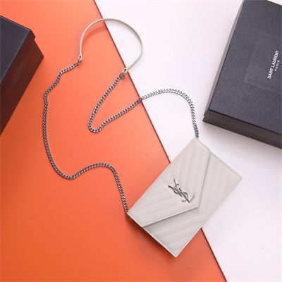 Y.S.L CASSANDRA ENVELOPE CHAIN WALLET IN GRAIN DEPOUDRE LEATHER White Color Silver Tone Metal
