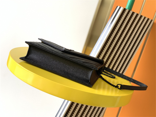 Y.S.L CASSANDRA ENVELOPE CHAIN WALLET IN GRAIN DEPOUDRE LEATHER Black Color Black Tone Metal