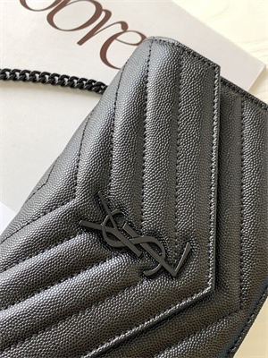 Y.S.L CASSANDRA ENVELOPE CHAIN WALLET IN GRAIN DEPOUDRE LEATHER Black Color Black Tone Metal