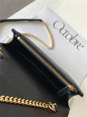 Y.S.L CASSANDRA ENVELOPE CHAIN WALLET IN GRAIN DEPOUDRE LEATHER Black Color Gold Tone Metal