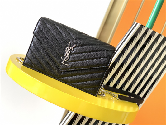 Y.S.L CASSANDRA ENVELOPE CHAIN WALLET IN GRAIN DEPOUDRE LEATHER Black Color Silver Tone Metal