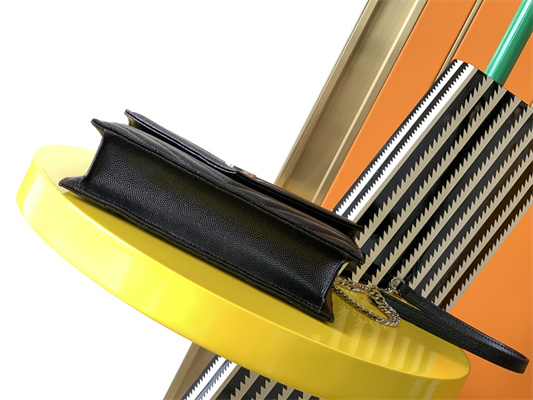 Y.S.L CASSANDRA ENVELOPE CHAIN WALLET IN GRAIN DEPOUDRE LEATHER Black Color Silver Tone Metal