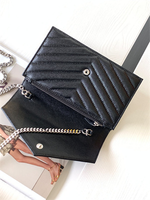 Y.S.L CASSANDRA ENVELOPE CHAIN WALLET IN GRAIN DEPOUDRE LEATHER Black Color Silver Tone Metal