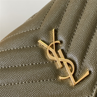 Y.S.L CASSANDRA ENVELOPE CHAIN WALLET IN GRAIN DEPOUDRE LEATHER Dk Green Color Gold Tone Metal