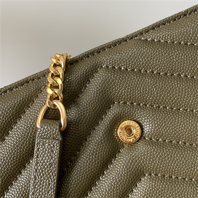 Y.S.L CASSANDRA ENVELOPE CHAIN WALLET IN GRAIN DEPOUDRE LEATHER Dk Green Color Gold Tone Metal