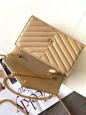 Y.S.L CASSANDRA ENVELOPE CHAIN WALLET IN GRAIN DEPOUDRE LEATHER Beige Color Gold Tone Metal