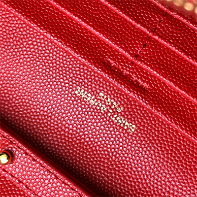 Y.S.L CLASSIC CASSANDRA CHAIN WALLET IN GRAIN DEPOUDRE LEATHER Red Color Gold Tone Metal
