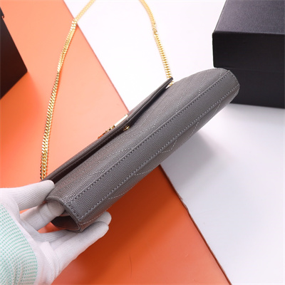 Y.S.L CLASSIC CASSANDRA CHAIN WALLET IN GRAIN DEPOUDRE LEATHER Grey Color Gold Tone Metal