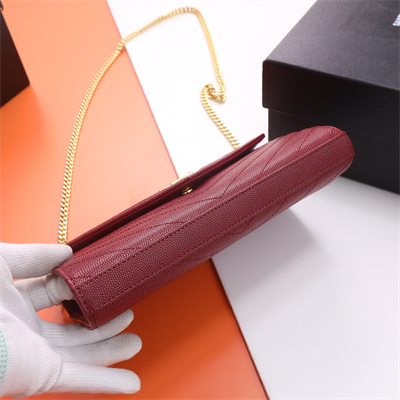Y.S.L CLASSIC CASSANDRA CHAIN WALLET IN GRAIN DEPOUDRE LEATHER Burgundy Color Gold Tone Metal