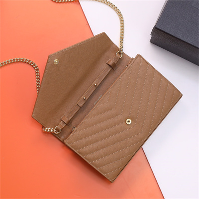 Y.S.L CLASSIC CASSANDRA CHAIN WALLET IN GRAIN DEPOUDRE LEATHER Brown Color Gold Tone Metal