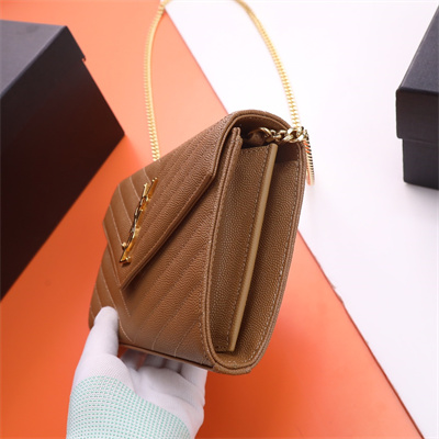 Y.S.L CLASSIC CASSANDRA CHAIN WALLET IN GRAIN DEPOUDRE LEATHER Brown Color Gold Tone Metal