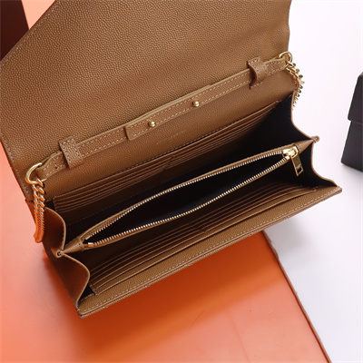 Y.S.L CLASSIC CASSANDRA CHAIN WALLET IN GRAIN DEPOUDRE LEATHER Brown Color Gold Tone Metal