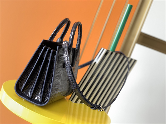 Y.S.L SAC DE JOUR NANO In Navy Crocodile Embossed Leather Silver Tone Metal