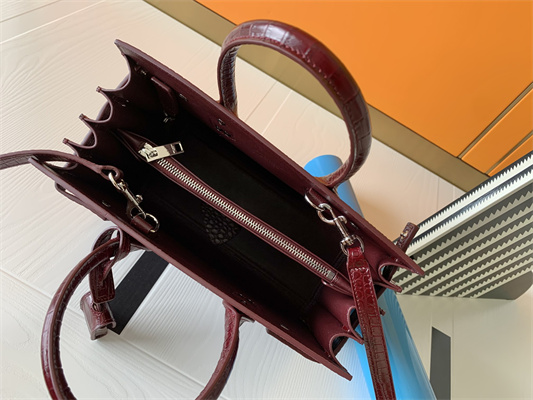 Y.S.L SAC DE JOUR BABY In Burgundy Corcodile Embossed Leather Silver Tone Metal