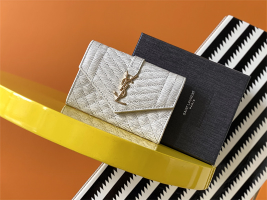 Y.S.L SMALL ENVELOPE WALLET IN MIX MATELASS?? GRAIN DE POUDRE EMBOSSED LEATHER White Color Gold Tone Metal