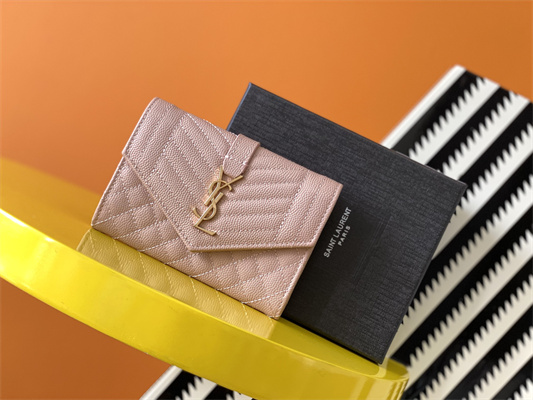 Y.S.L SMALL ENVELOPE WALLET IN MIX MATELASS?? GRAIN DE POUDRE EMBOSSED LEATHER Pink Color Gold Tone Metal
