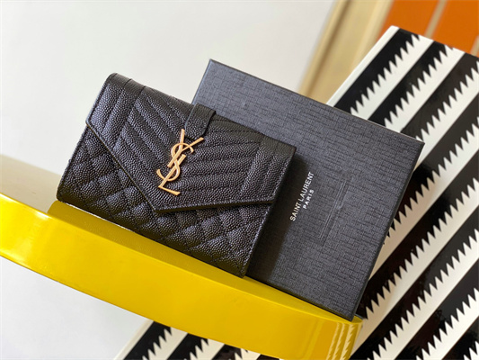 Y.S.L SMALL ENVELOPE WALLET IN MIX MATELASS?? GRAIN DE POUDRE EMBOSSED LEATHER Black Color Gold Tone Metal