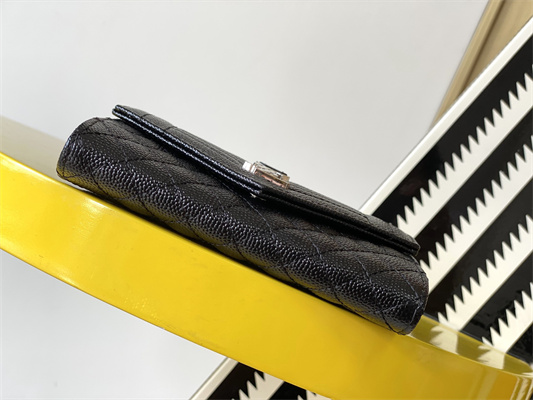 Y.S.L SMALL ENVELOPE WALLET IN MIX MATELASS?? GRAIN DE POUDRE EMBOSSED LEATHER Black Color Silver Tone Metal