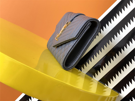 Y.S.L SMALL ENVELOPE WALLET IN MIX MATELASS?? GRAIN DE POUDRE EMBOSSED LEATHER Dk Grey Color Gold Tone Metal