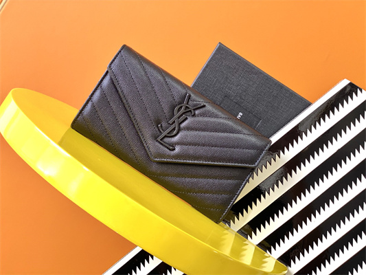 Y.S.L CASSANDRA MATELASS?? LARGE FLAP WALLET IN GRAIN DE POUDRE EMBOSSED LEATHER Black Color Black Tone Metal