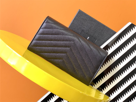 Y.S.L CASSANDRA MATELASS?? LARGE FLAP WALLET IN GRAIN DE POUDRE EMBOSSED LEATHER Black Color Black Tone Metal