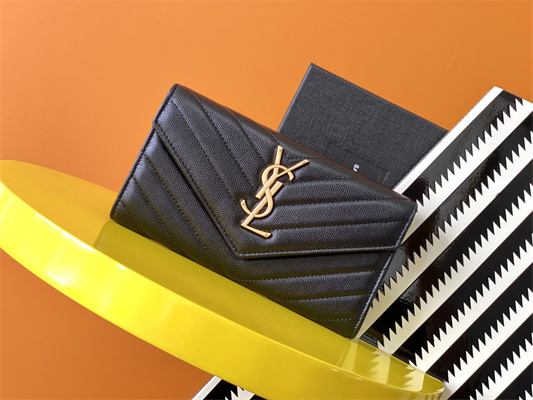 Y.S.L CASSANDRA MATELASS?? LARGE FLAP WALLET IN GRAIN DE POUDRE EMBOSSED LEATHER Black Color Gold Tone Metal