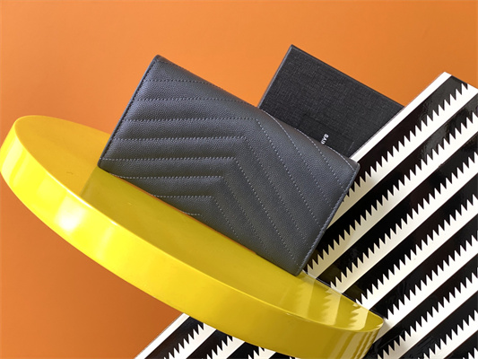 Y.S.L CASSANDRA MATELASS?? LARGE FLAP WALLET IN GRAIN DE POUDRE EMBOSSED LEATHER Grey Color Gold Tone Metal