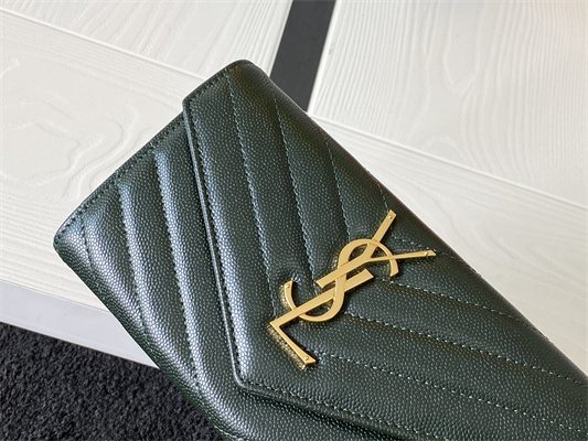 Y.S.L CASSANDRA MATELASS?? LARGE FLAP WALLET IN GRAIN DE POUDRE EMBOSSED LEATHER Dk Green Color Gold Tone Metal