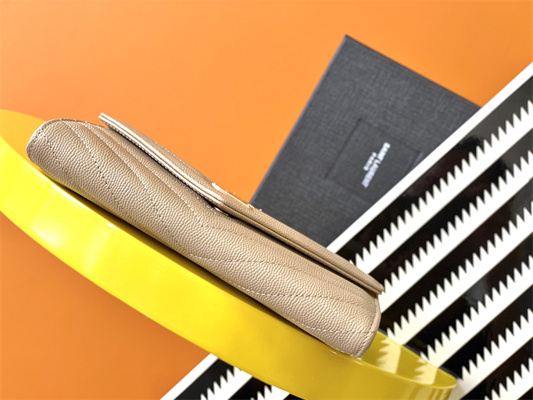 Y.S.L CASSANDRA MATELASS?? LARGE FLAP WALLET IN GRAIN DE POUDRE EMBOSSED LEATHER Beige Color Gold Tone Metal