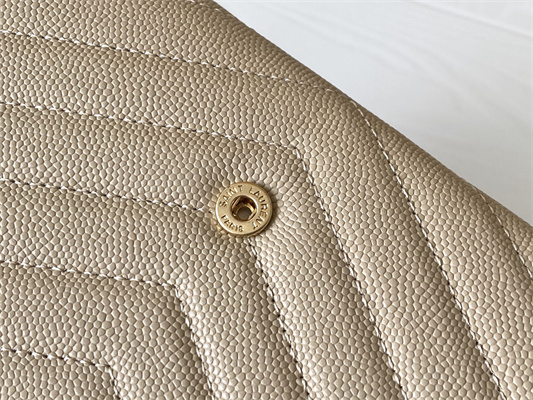 Y.S.L CASSANDRA MATELASS?? LARGE FLAP WALLET IN GRAIN DE POUDRE EMBOSSED LEATHER Beige Color Gold Tone Metal