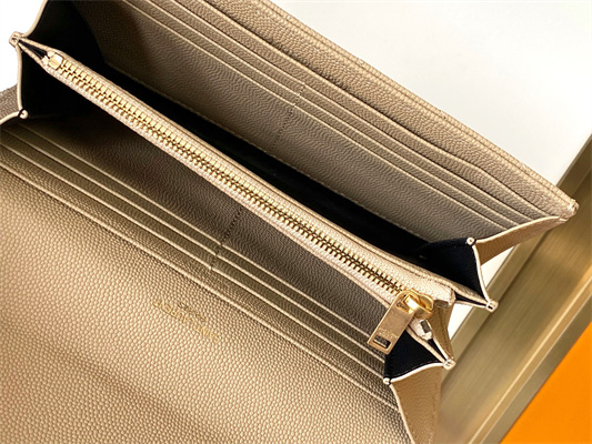 Y.S.L CASSANDRA MATELASS?? LARGE FLAP WALLET IN GRAIN DE POUDRE EMBOSSED LEATHER Beige Color Gold Tone Metal