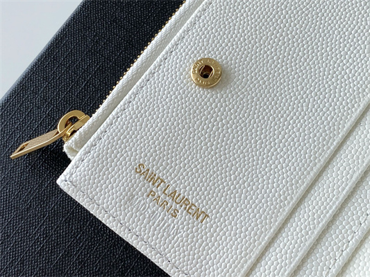 Y.S.L CASSANDRA MATELASS?? BI-FOLD WALLET IN GRAIN DE POUDRE EMBOSSED LEATHER White Color Gold Tone Metal