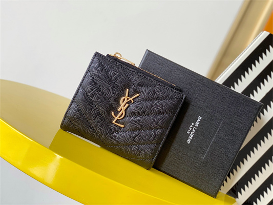 Y.S.L CASSANDRA MATELASS?? BI-FOLD WALLET IN GRAIN DE POUDRE EMBOSSED LEATHER Black Color Gold Tone Metal