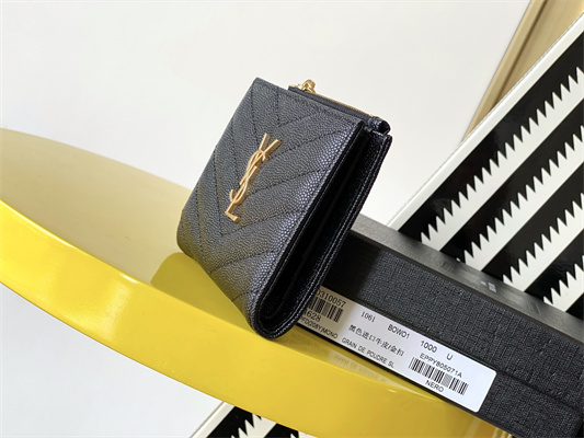 Y.S.L CASSANDRA MATELASS?? BI-FOLD WALLET IN GRAIN DE POUDRE EMBOSSED LEATHER Black Color Gold Tone Metal