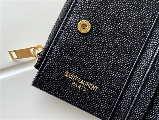 Y.S.L CASSANDRA MATELASS?? BI-FOLD WALLET IN GRAIN DE POUDRE EMBOSSED LEATHER Black Color Gold Tone Metal