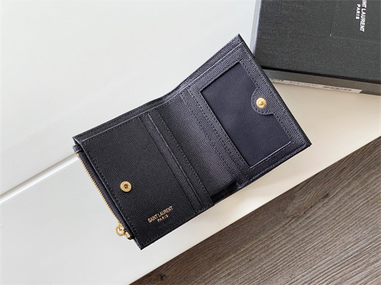 Y.S.L CASSANDRA MATELASS?? BI-FOLD WALLET IN GRAIN DE POUDRE EMBOSSED LEATHER Black Color Gold Tone Metal