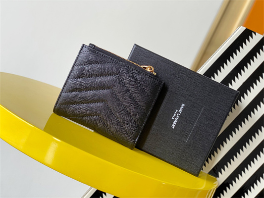 Y.S.L CASSANDRA MATELASS?? BI-FOLD WALLET IN GRAIN DE POUDRE EMBOSSED LEATHER Black Color Gold Tone Metal
