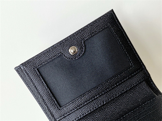 Y.S.L CASSANDRA MATELASS?? BI-FOLD WALLET IN GRAIN DE POUDRE EMBOSSED LEATHER Black Color Silver Tone Metal