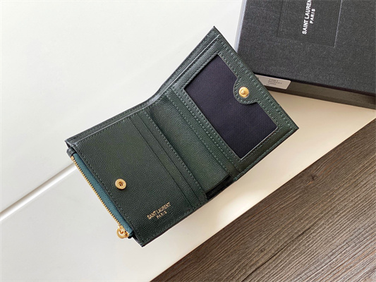 Y.S.L CASSANDRA MATELASS?? BI-FOLD WALLET IN GRAIN DE POUDRE EMBOSSED LEATHER Dk Green Color Gold Tone Metal