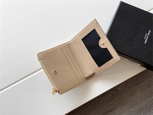 Y.S.L CASSANDRA MATELASS?? BI-FOLD WALLET IN GRAIN DE POUDRE EMBOSSED LEATHER Beige Color Gold Tone Metal