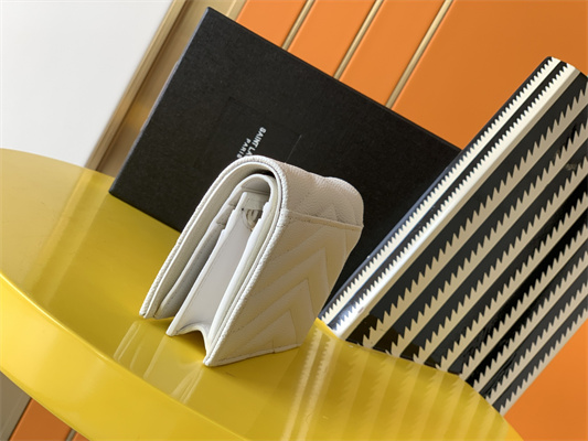 Y.S.L MONOGRAM MATELASS?? WALLET IN GRAIN DE POUDRE EMBOSSED LEATHER White Color Gold Tone Metal