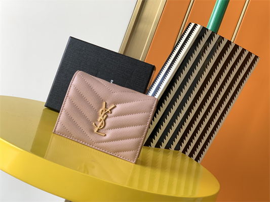 Y.S.L MONOGRAM MATELASS?? WALLET IN GRAIN DE POUDRE EMBOSSED LEATHER Pink Color Gold Tone Metal