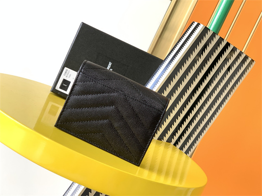 Y.S.L MONOGRAM MATELASS?? WALLET IN GRAIN DE POUDRE EMBOSSED LEATHER Black Color Silver Tone Metal