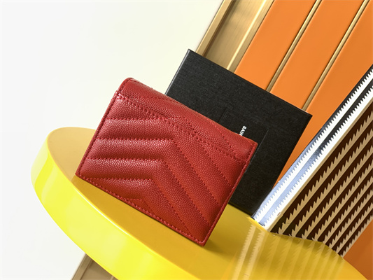 Y.S.L MONOGRAM MATELASS?? WALLET IN GRAIN DE POUDRE EMBOSSED LEATHER Red Color Gold Tone Metal