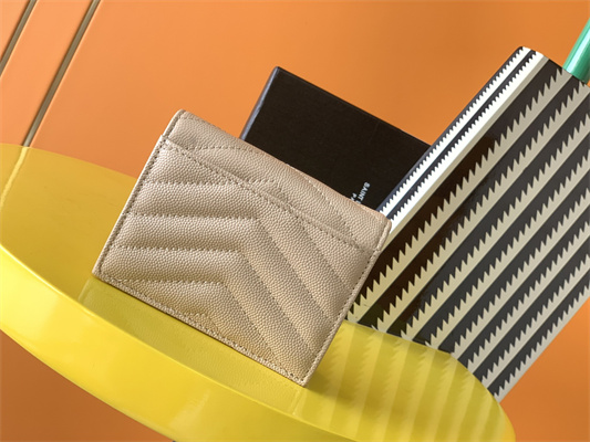 Y.S.L MONOGRAM MATELASS?? WALLET IN GRAIN DE POUDRE EMBOSSED LEATHER Beige Color Gold Tone Metal