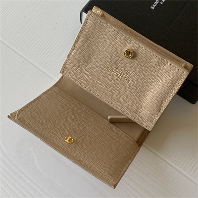 Y.S.L MONOGRAM MATELASS?? WALLET IN GRAIN DE POUDRE EMBOSSED LEATHER Beige Color Gold Tone Metal