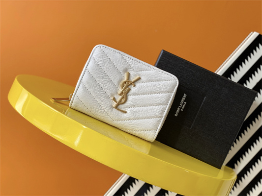 Y.S.L CASSANDRA MATELASS?? COMPACT ZIP AROUND WALLET IN GRAIN DE POUDRE EMBOSSED LEATHER White Color Gold Tone Metal