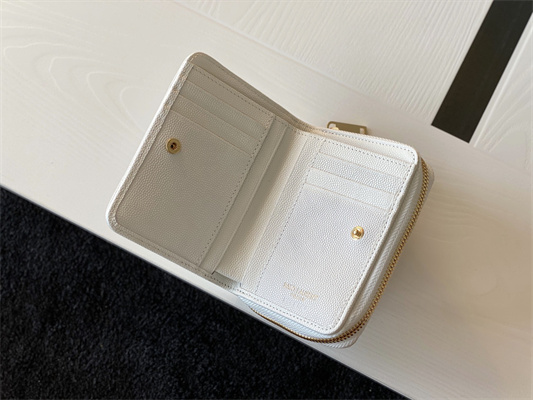 Y.S.L CASSANDRA MATELASS?? COMPACT ZIP AROUND WALLET IN GRAIN DE POUDRE EMBOSSED LEATHER White Color Gold Tone Metal