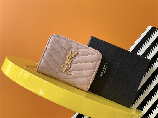 Y.S.L CASSANDRA MATELASS?? COMPACT ZIP AROUND WALLET IN GRAIN DE POUDRE EMBOSSED LEATHER Pink Color Gold Tone Metal